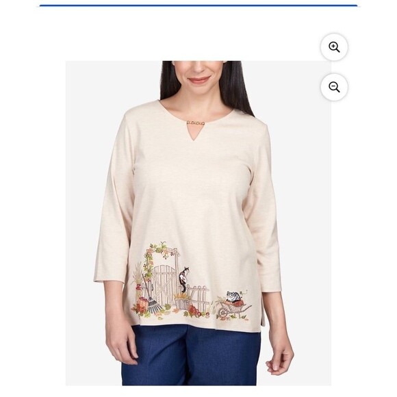 Alfred Dunner Classic Womens Cat On A Fence Split Neck Top Size S - Picture 1 of 6